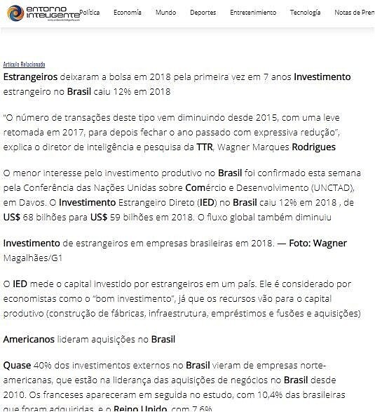 Empresas brasileiras atraram menos capital estrangeiro em 2018-2